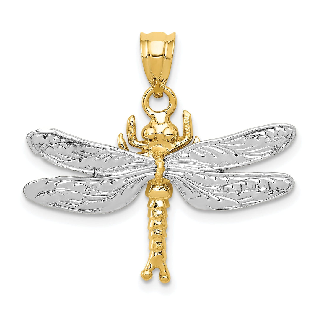 14k Two-Tone Gold Solid Textured Polished Finish Dragonfly Charm Pendant