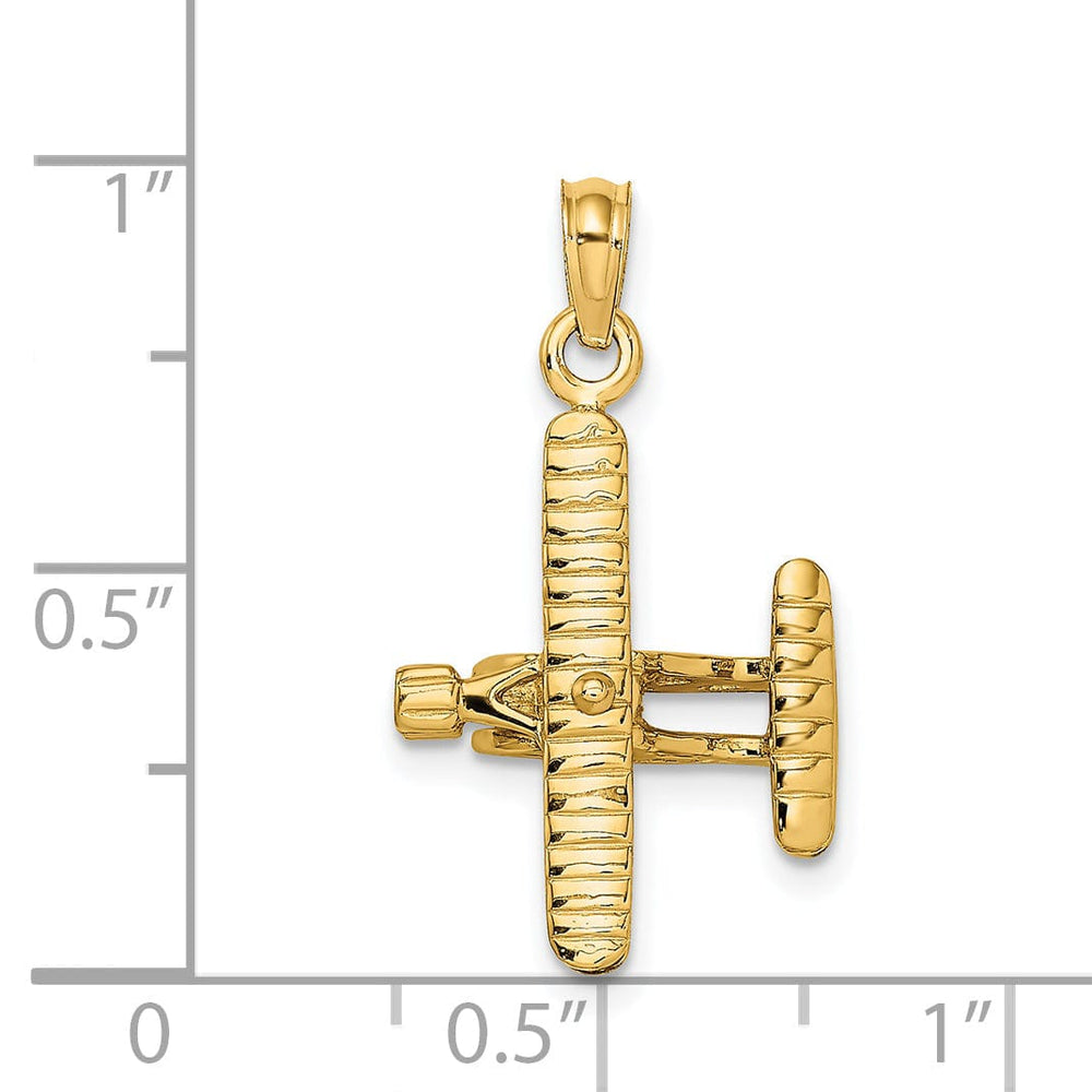 14k Yellow Gold Polished Textured Finish 3-Dimensional Bi-Air Plane with Ribbed Wings Charm Pendant
