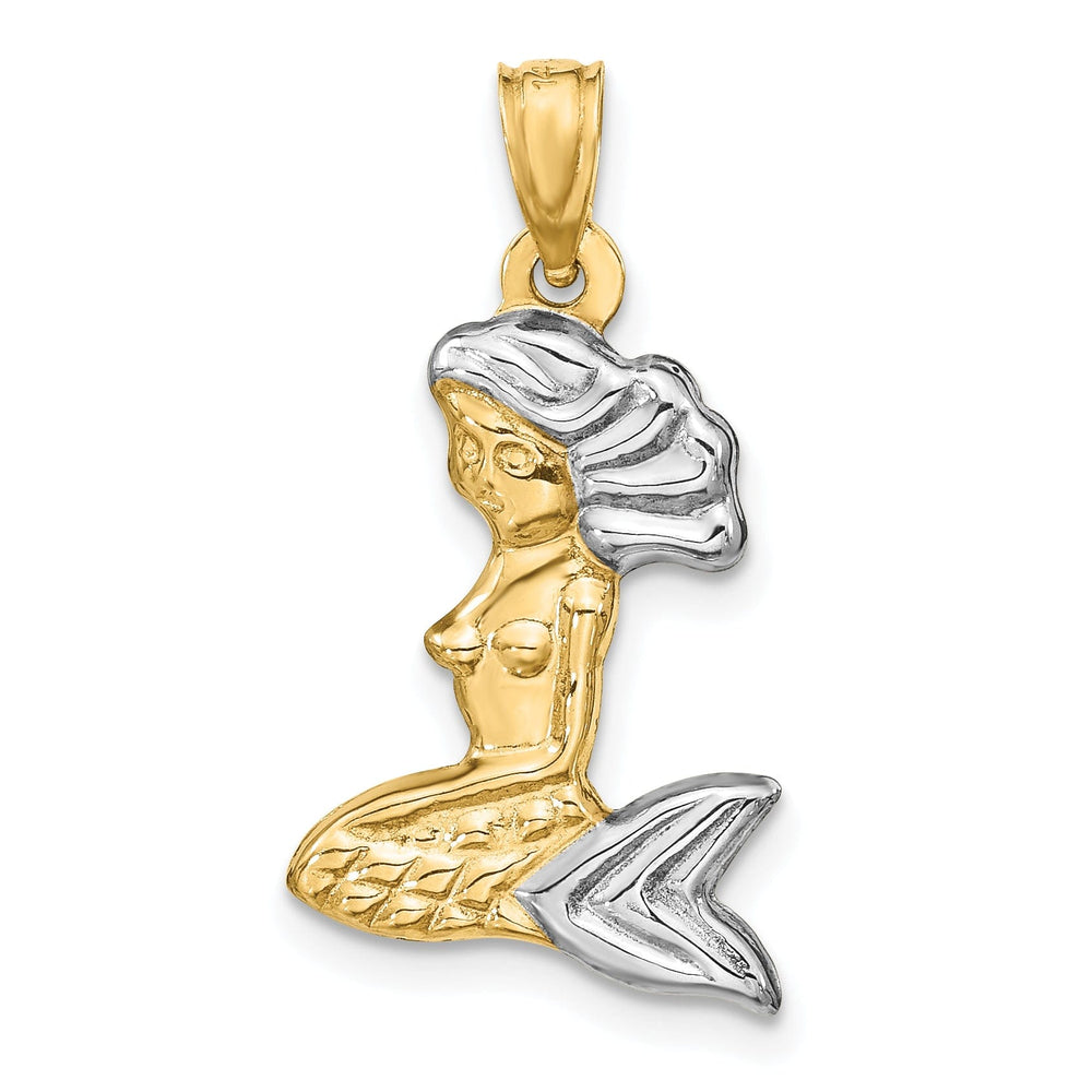 14K Yellow Gold, White Rhodium Polished Finish 3-D Mermaid Charm Pendant