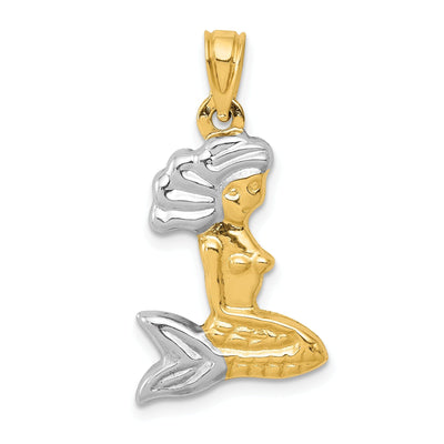 14K Yellow Gold, White Rhodium Polished Finish 3-D Mermaid Charm Pendant