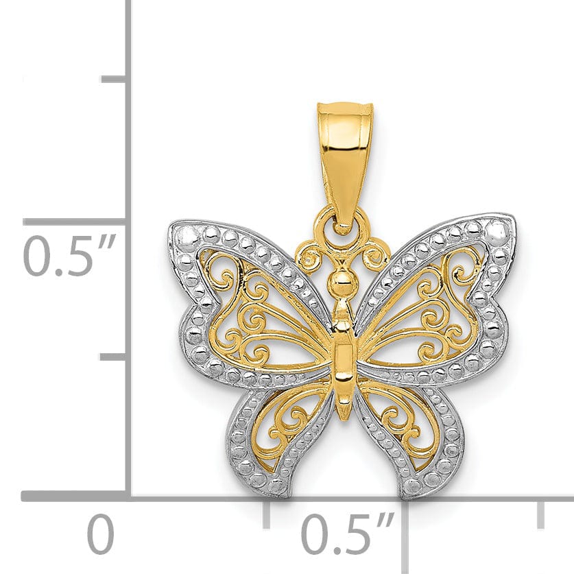 14K Two-tone Gold Casted Open Back Solid Polished Finish Buttterfly Charm Pendant