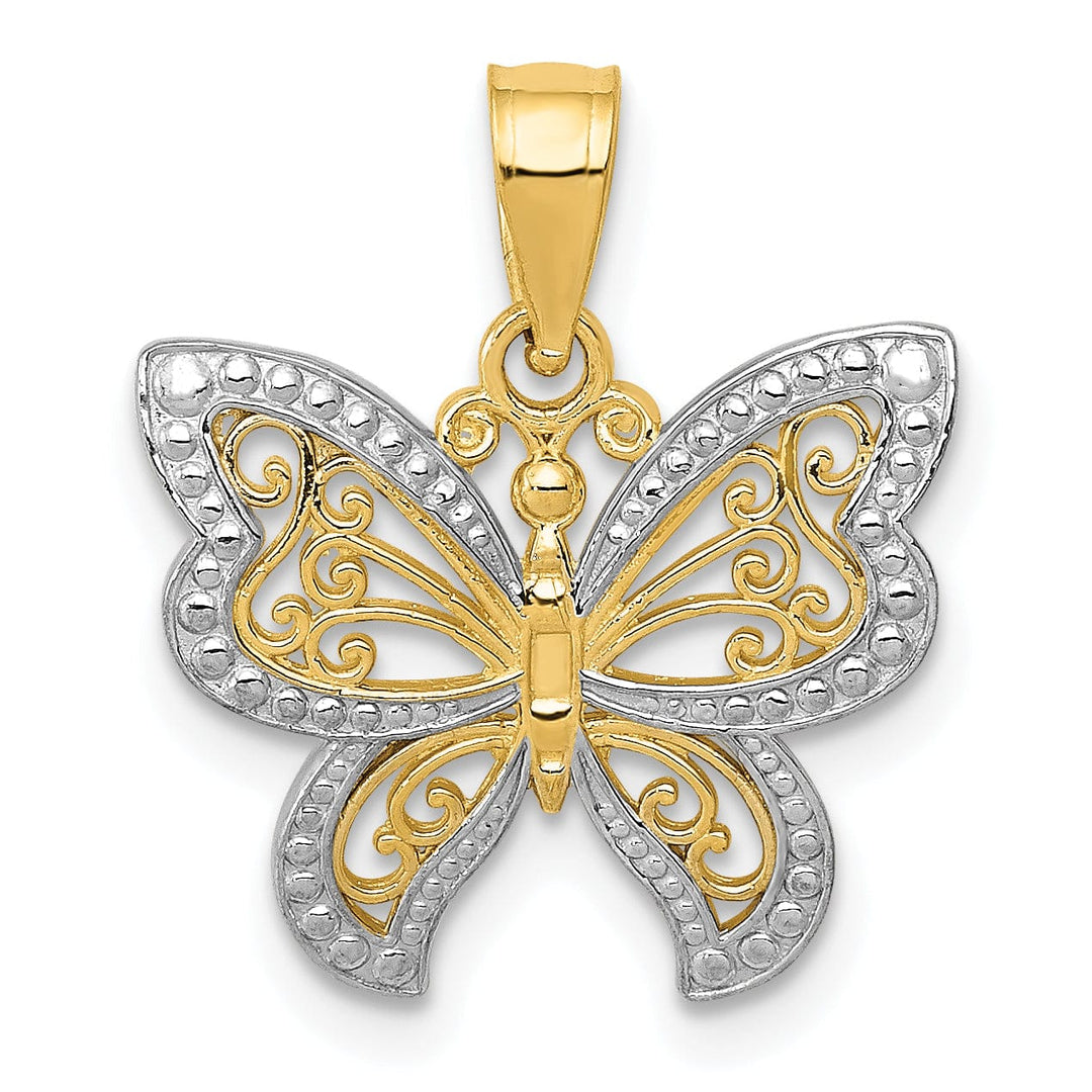 14K Two-tone Gold Casted Open Back Solid Polished Finish Buttterfly Charm Pendant
