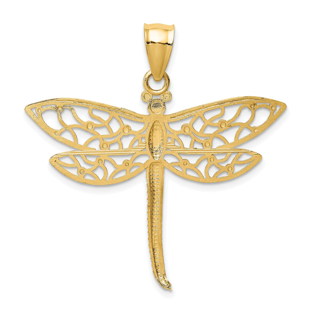14k Yellow Gold Open Back Solid Diamond Cut Polished Finish Dragonfly Charm Pendant