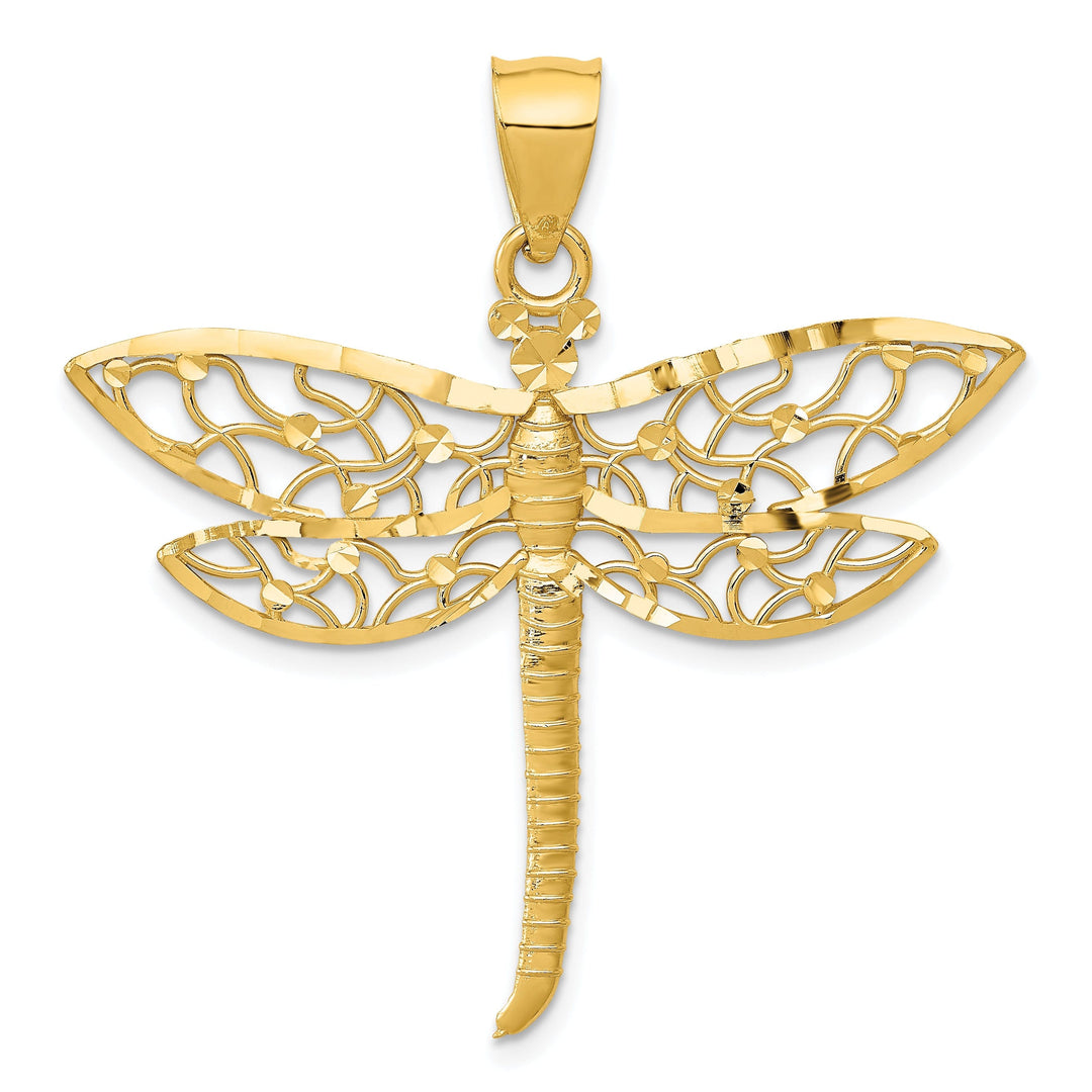 14k Yellow Gold Open Back Solid Diamond Cut Polished Finish Dragonfly Charm Pendant
