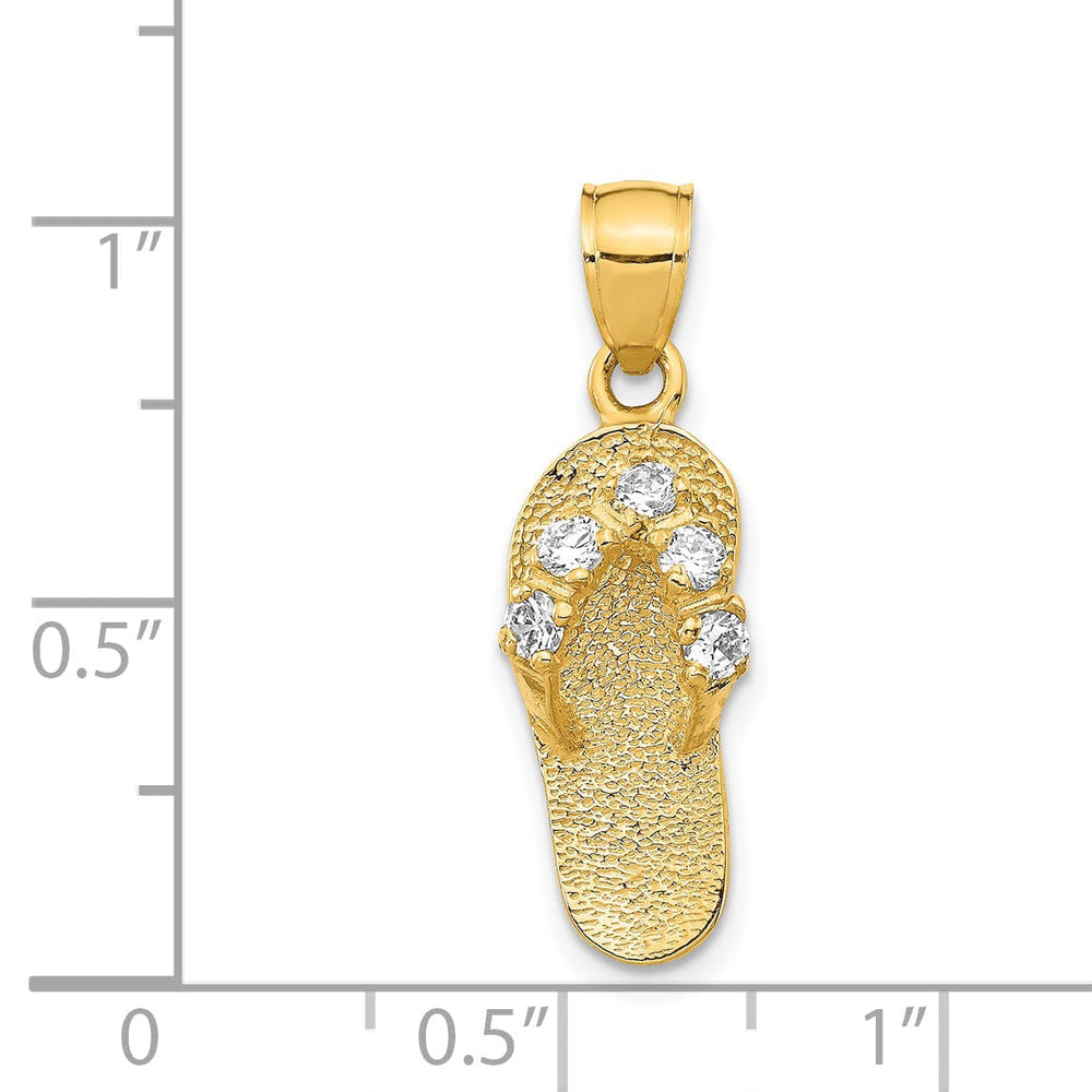 14k Yellow Gold Solid Texture Polish Finish 3-Dimensional April Cubic Zirconia Birthstone Flip Flop Sandle Charm Pendant