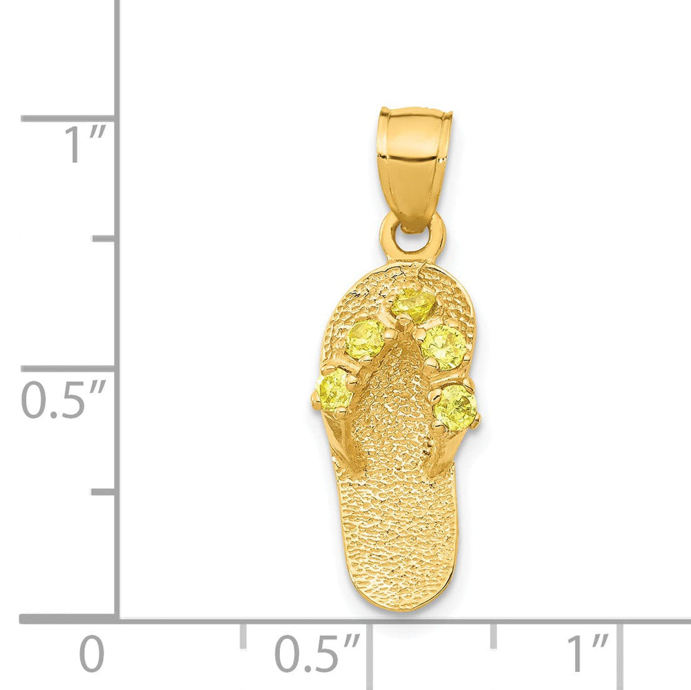 14k Yellow Gold Solid Texture Polish Finish 3-Dimensional November Cubic Zirconia Birthstone Flip Flop Sandle Charm Pendant