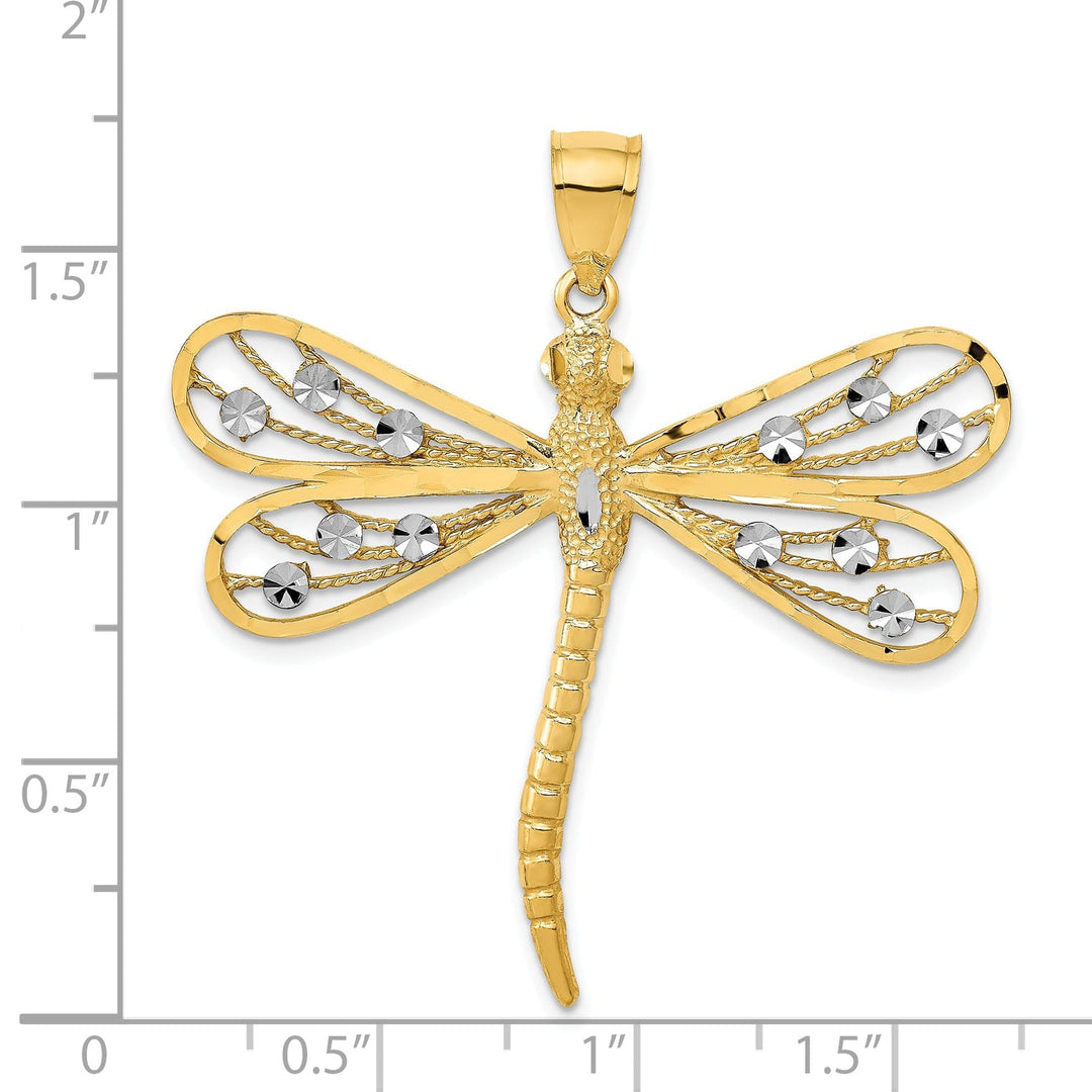 14K Yellow Gold White Rhodium Open Back Solid Polished Diamond Cut Filigree Design Dragonfly Charm Pendant