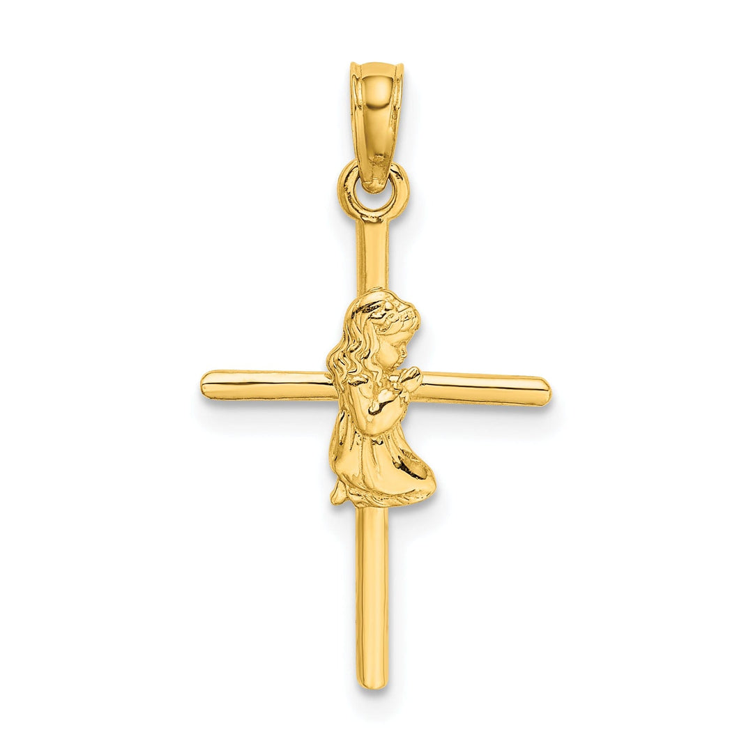 14k Yellow Gold Polished Finish Concave Praying Girl on Cross Pendant
