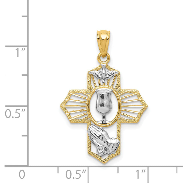 14k Yellow Gold Polished Cross with, Dove, Chalice Cup Medal Pendant