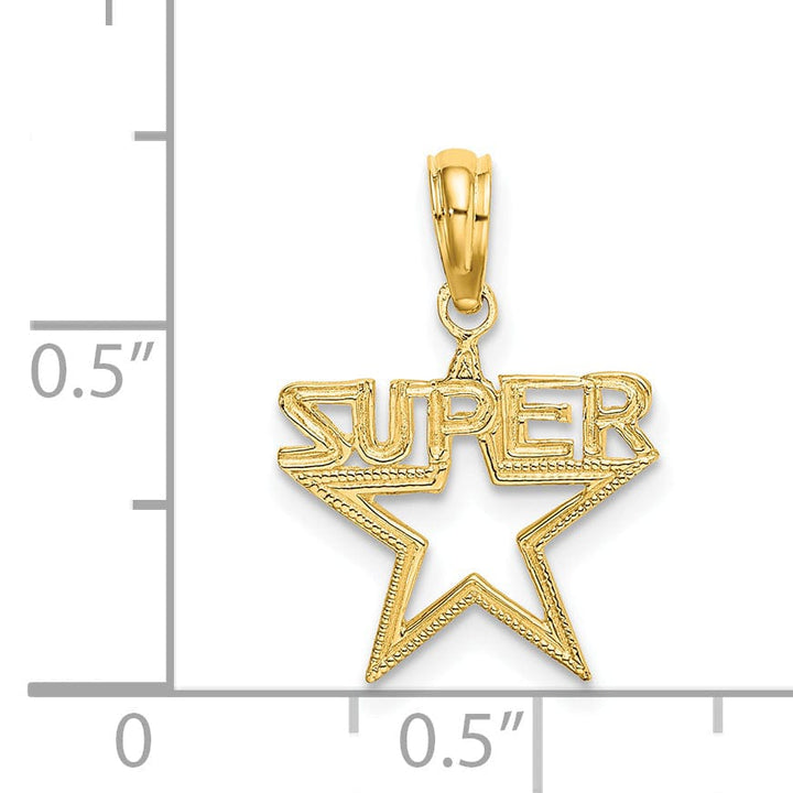 14K Yellow Gold Textured Polished Finis SUPER Star Charm Design Pendant