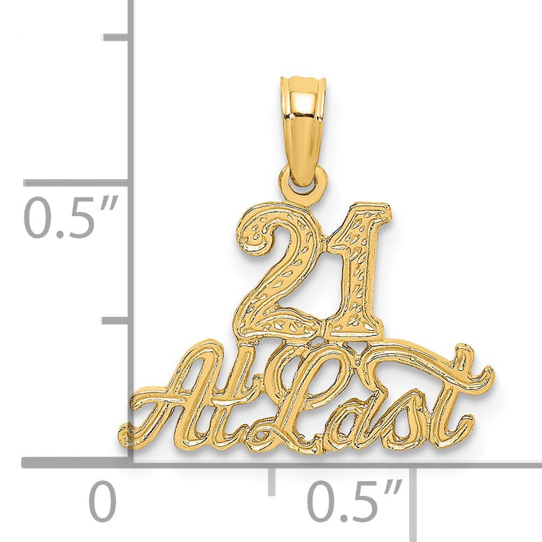 14K Yellow Gold Solid Polished Textured Finish 21 AT LAST Charm Pendant
