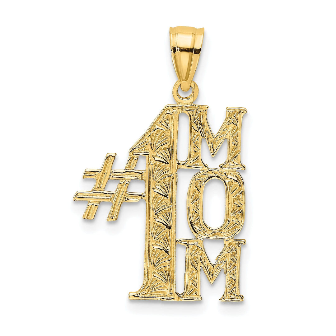 14K Yellow Gold Textured Polished Finish Script #1 MOM Vertical Style Charm Pendant
