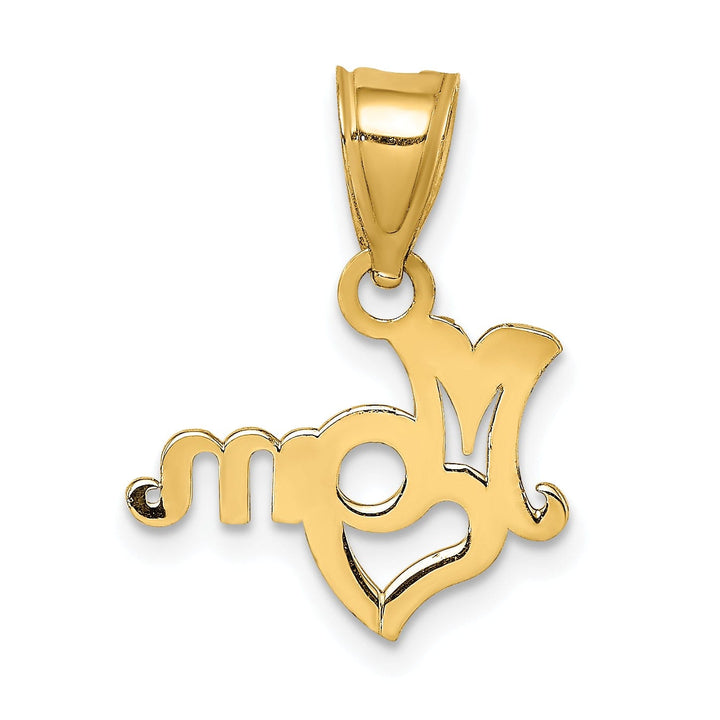 14K Yellow Gold Beaded Textured Polished Finish MOM Script with Heart Design Charm Pendant