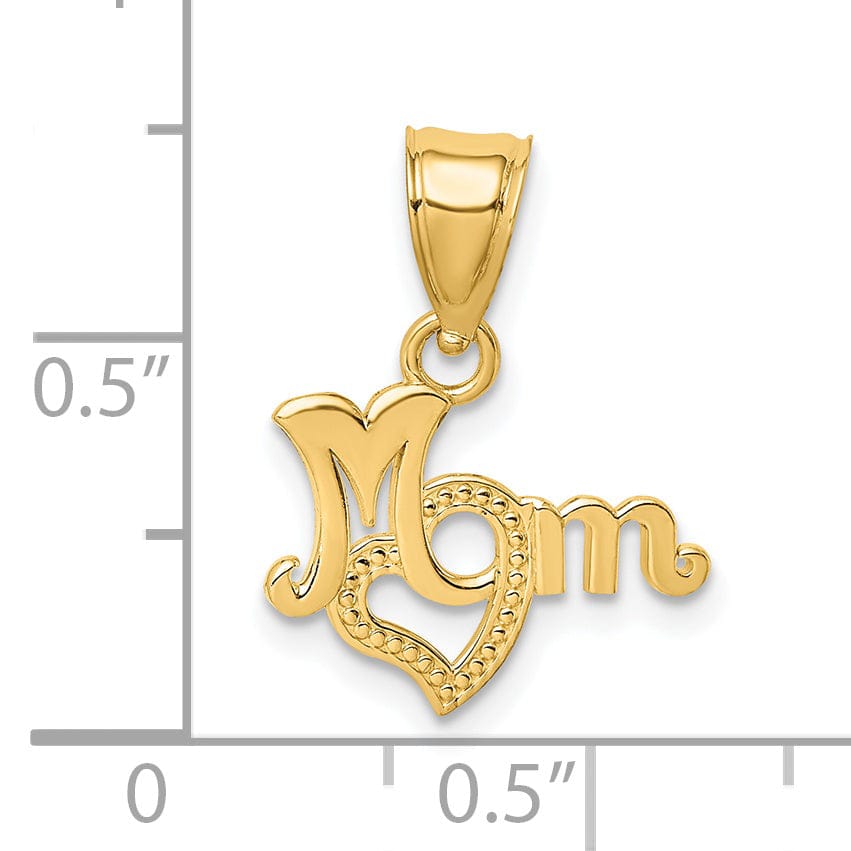 14K Yellow Gold Beaded Textured Polished Finish MOM Script with Heart Design Charm Pendant