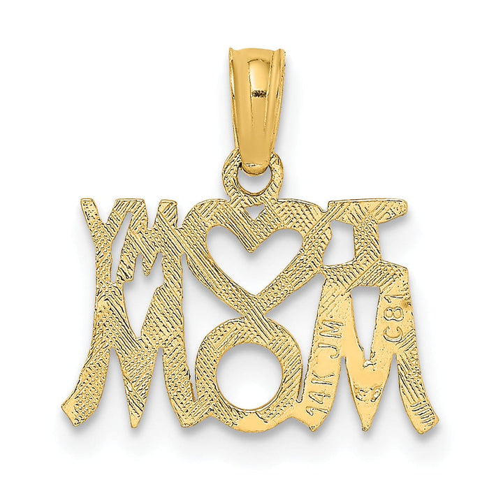 14K Yellow Gold Solid Polished Textured Finish Script Design I HEART MY MOM Charm Pendant