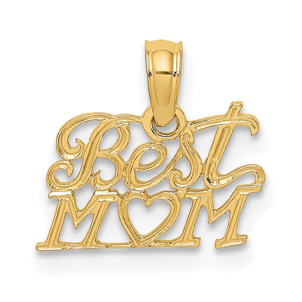 14K Yellow Gold Polished Finish Solid Script BEST MOM with Heart Charm Pendant