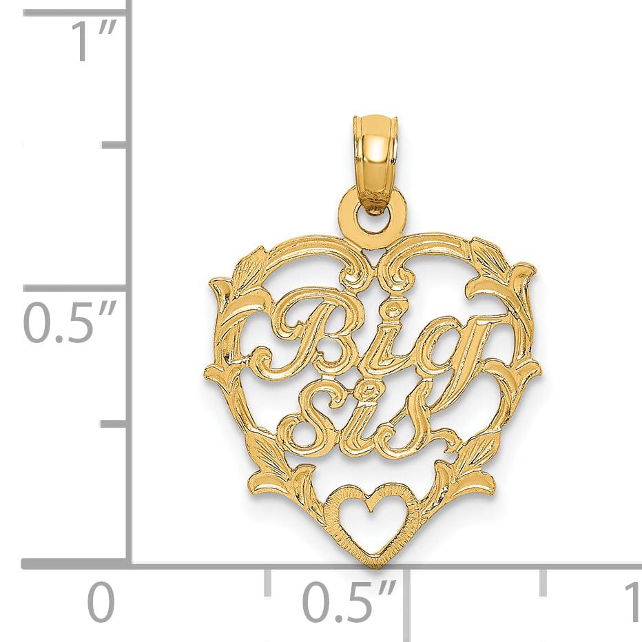 14K Yellow Gold Flat Back Textured Finish BIG SIS in Heart leaf Design Frame Charm Pendant