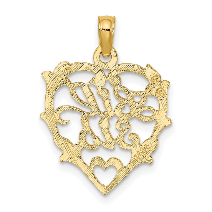 14K Yellow Gold Flat Back Textured Finish LIL SIS in Heart leaf Design Frame Charm Pendant