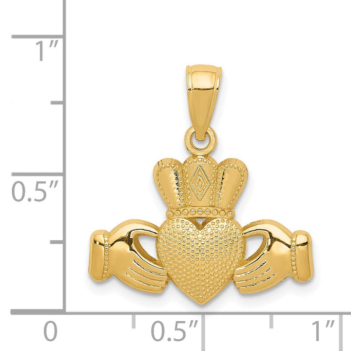 14k Yellow Gold Textured Solid Polished Finish Claddagh Crown Design Charm Pendant
