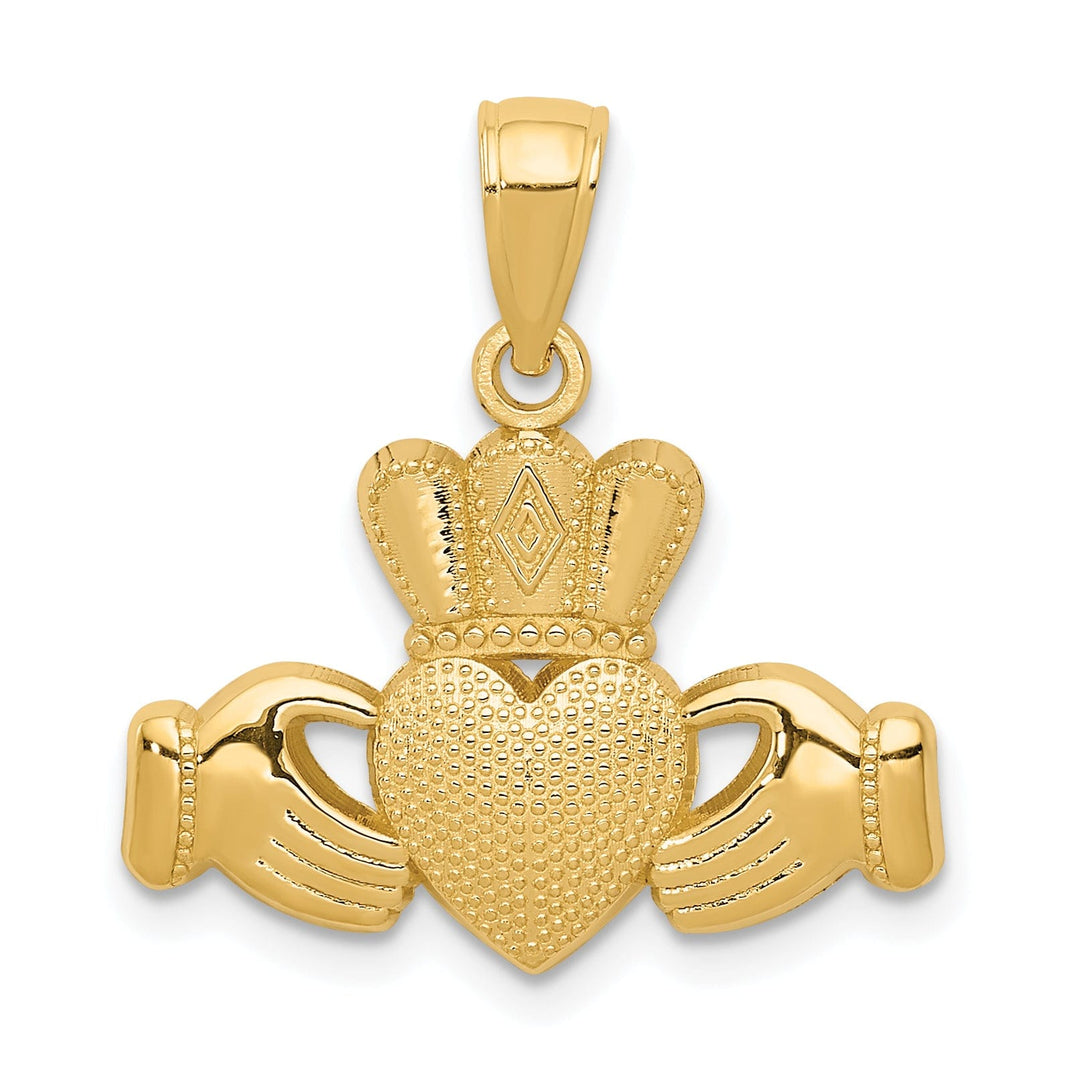14k Yellow Gold Textured Solid Polished Finish Claddagh Crown Design Charm Pendant