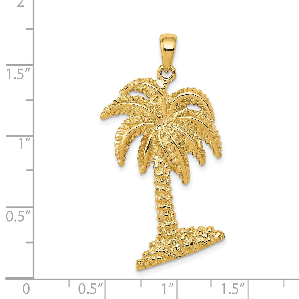 14K Yellow Gold Textured Polished Finish Solid Large Size Men's Palm Tree Charm Pendant