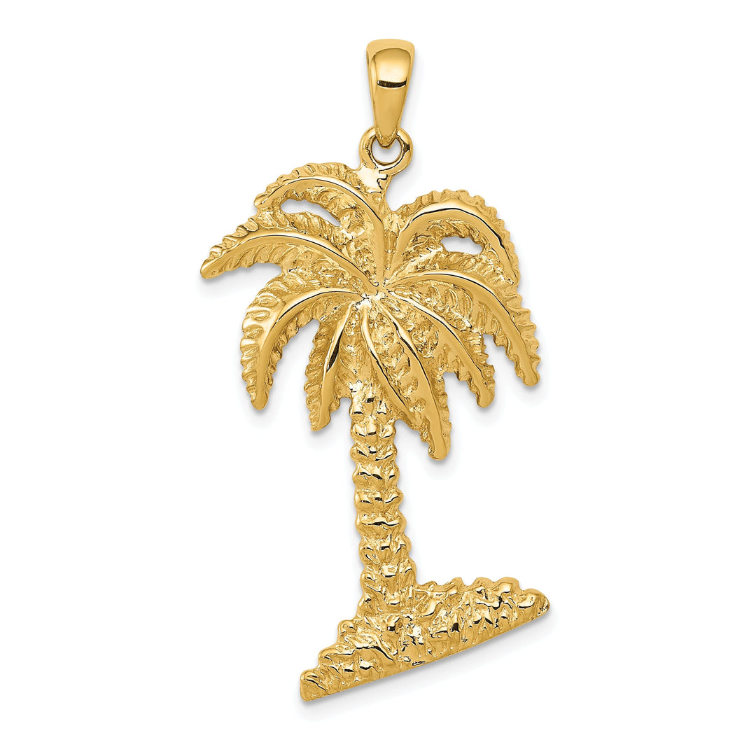 14K Yellow Gold Textured Polished Finish Solid Large Size Men's Palm Tree Charm Pendant