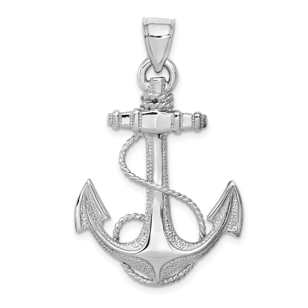 14K White Gold 2-Dimensional Polished Finish Solid Mens Anchor with Rope Design Charm Pendant