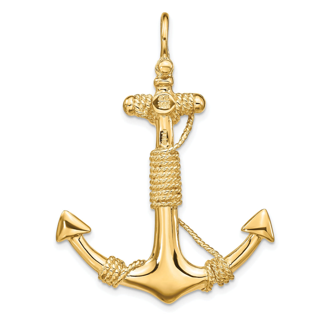 14k Yellow Gold 3-D Solid Anchor Rope Pendant