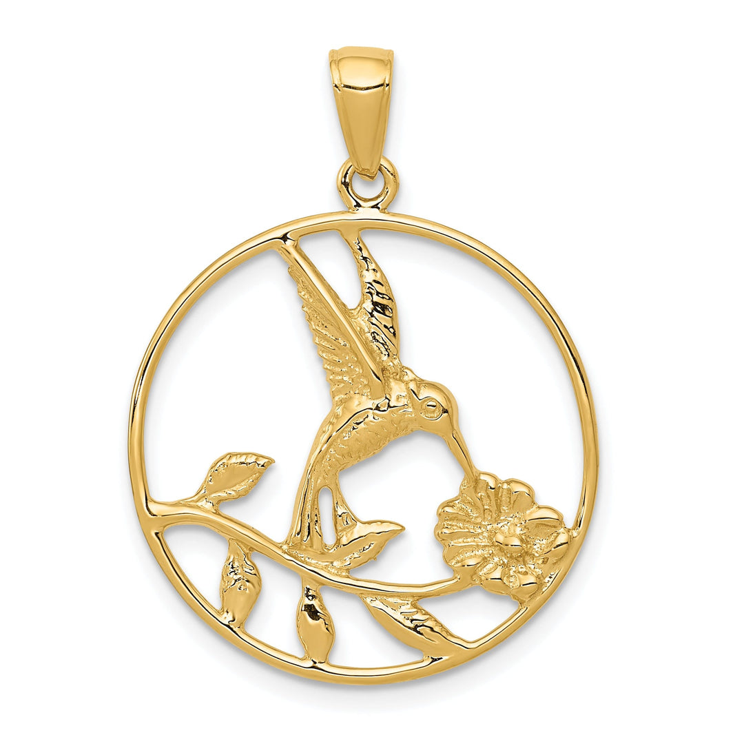 14K Yellow Gold Solid Polished Finish Hummingbird with Flower Design in Round Frame Shape Circle Pendant