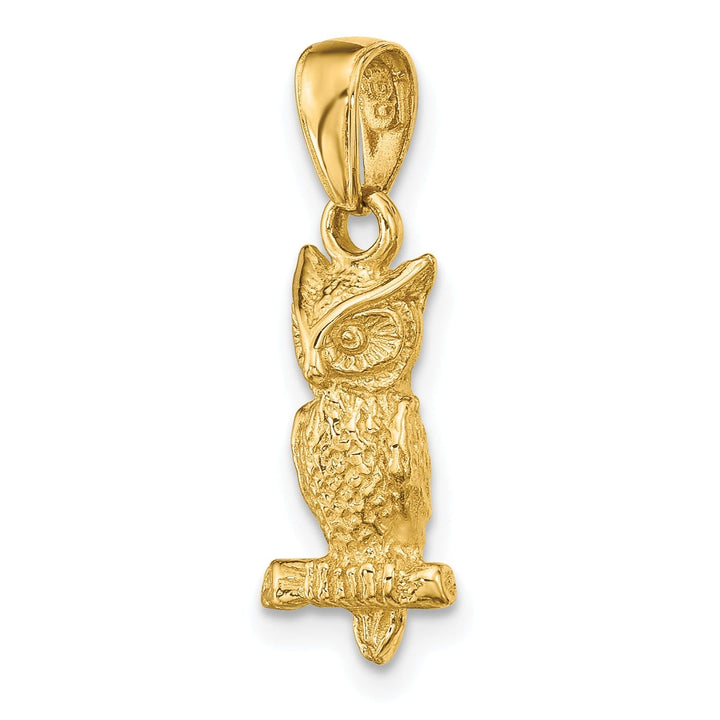 14K Yellow Gold Solid Textured Polished Finish 3-Dimensional Owl Charm Pendant