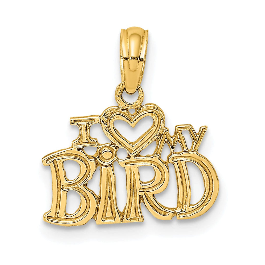 14K Yellow Gold Textured Solid Polished Finish I HEART MY BIRD Design Charm Pendant