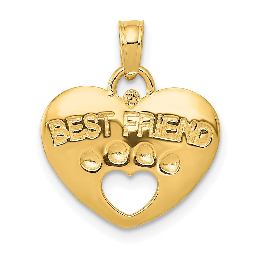 14K Yellow Gold Reversible Cut Out Paw Design BEST FRIEND on Heart Shape Charm Pendant