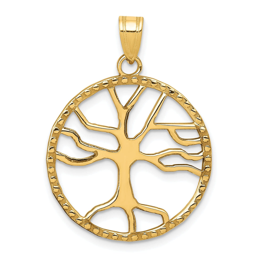 14K Yellow Gold Textured Polished Finish Tree of Life in Round Frame Charm Pendant