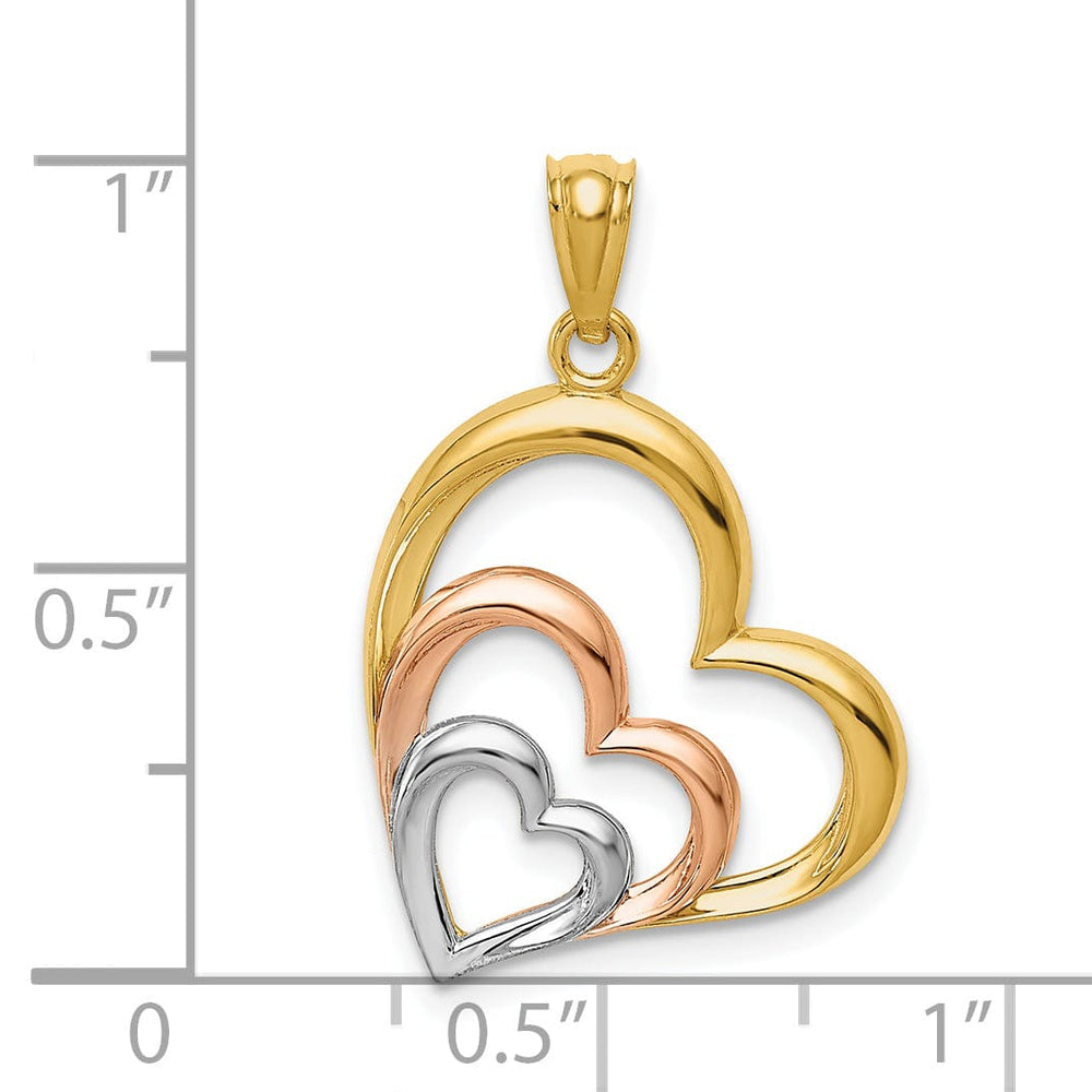 14K Yellow Rose Gold Solid Polished Finish Triple Hearts in Heart Pendant
