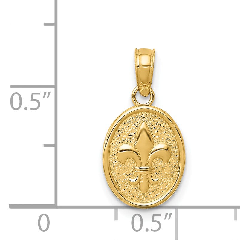 14k Yellow Gold Solid Textured Polished Small Fleur De Lis in Oval Shape Design Charm Pendant