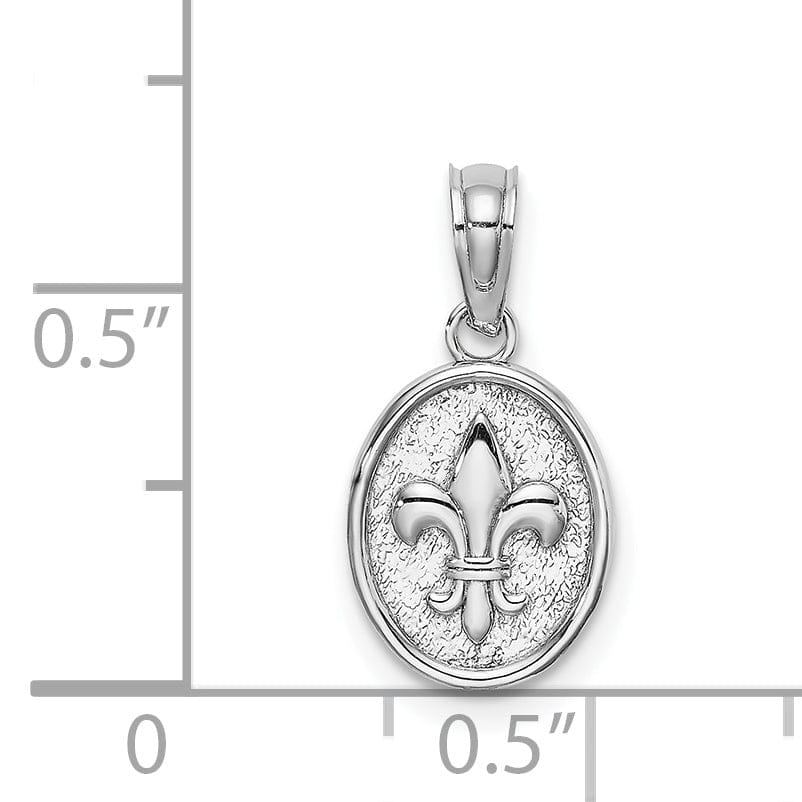 14k White Gold Solid Textured Polished Small Fleur De Lis in Oval Shape Design Charm Pendant
