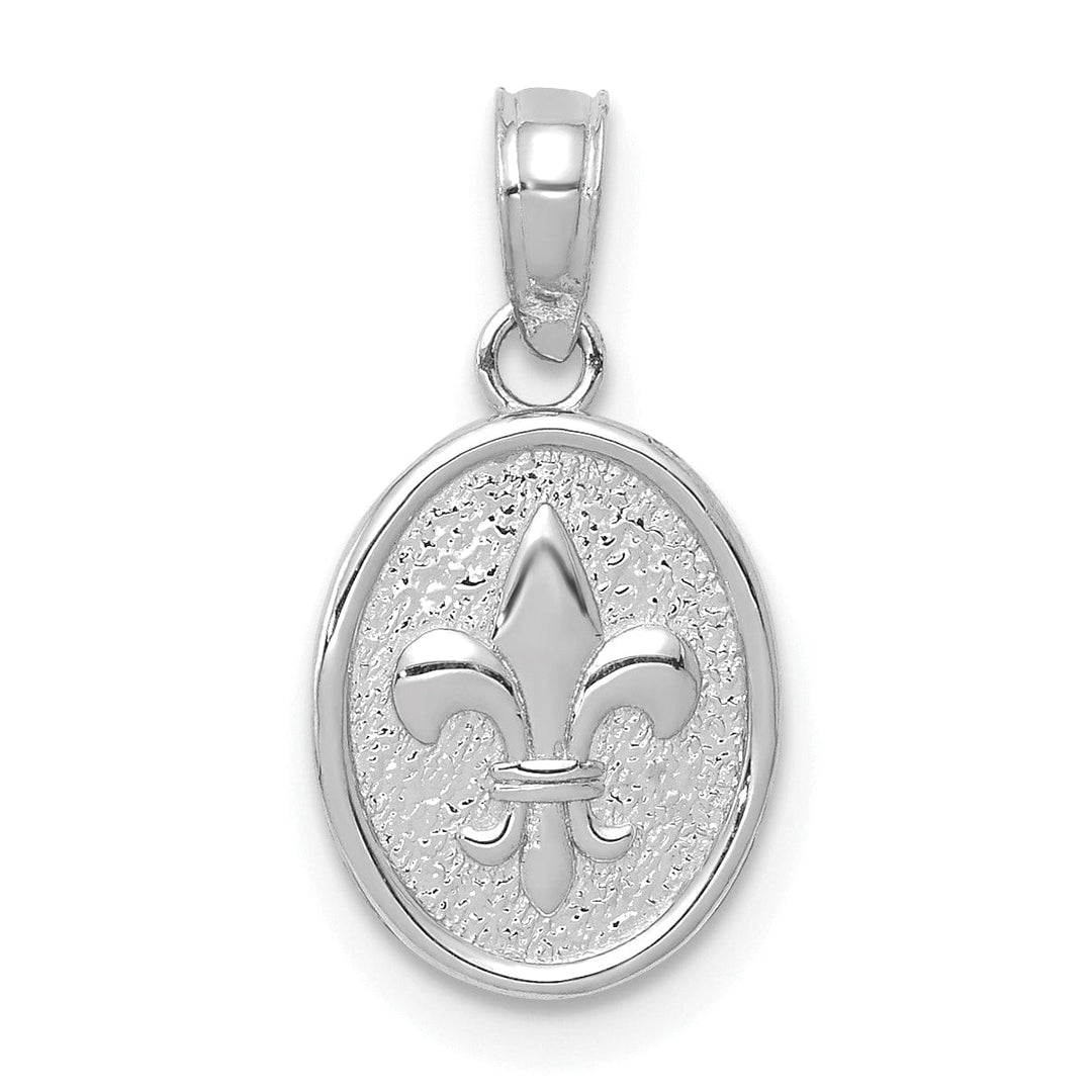 14k White Gold Solid Textured Polished Small Fleur De Lis in Oval Shape Design Charm Pendant