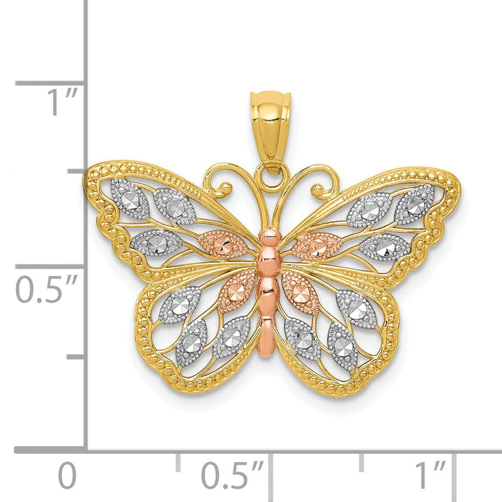 14k Two-tone Gold with Rose Rhodium Casted Textured Back Solid Polished Finish Diamond-cut Butterfly Charm Pendant