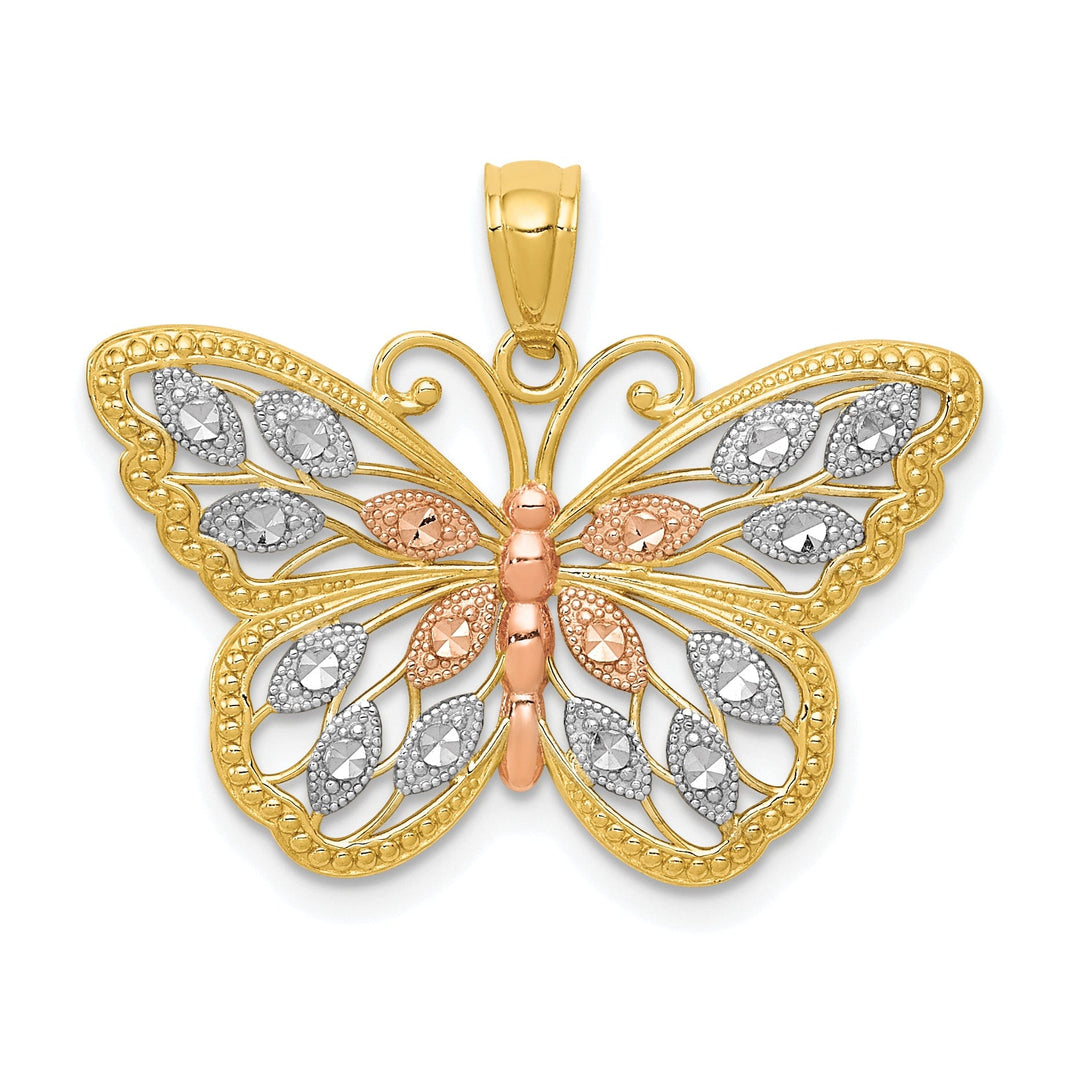 14k Two-tone Gold with Rose Rhodium Casted Textured Back Solid Polished Finish Diamond-cut Butterfly Charm Pendant