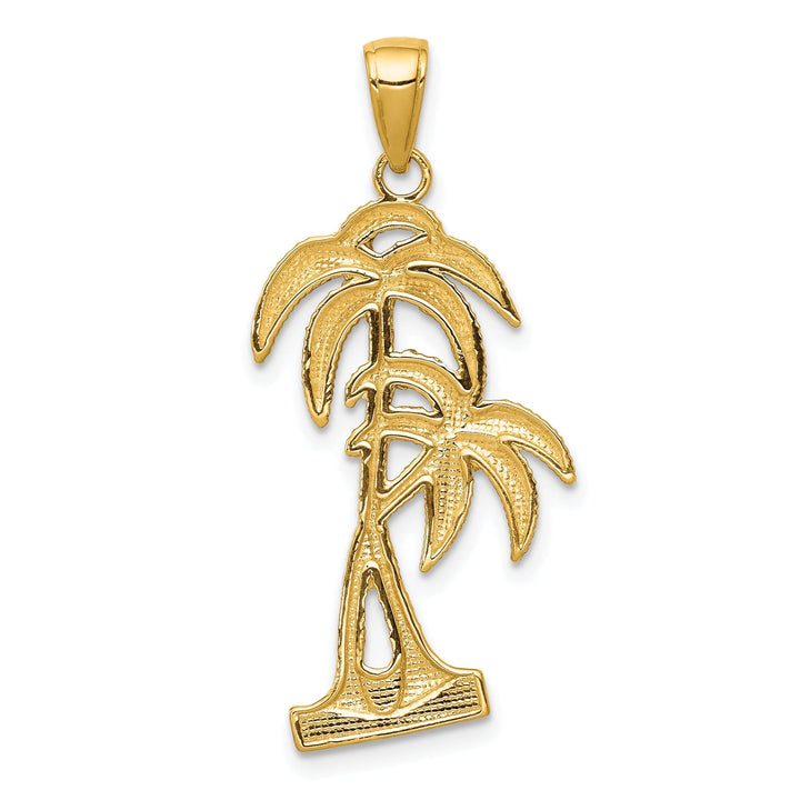 14K Yellow Gold Solid Polished Textured Finish Open Back Double Palm Trees Charm Pendant