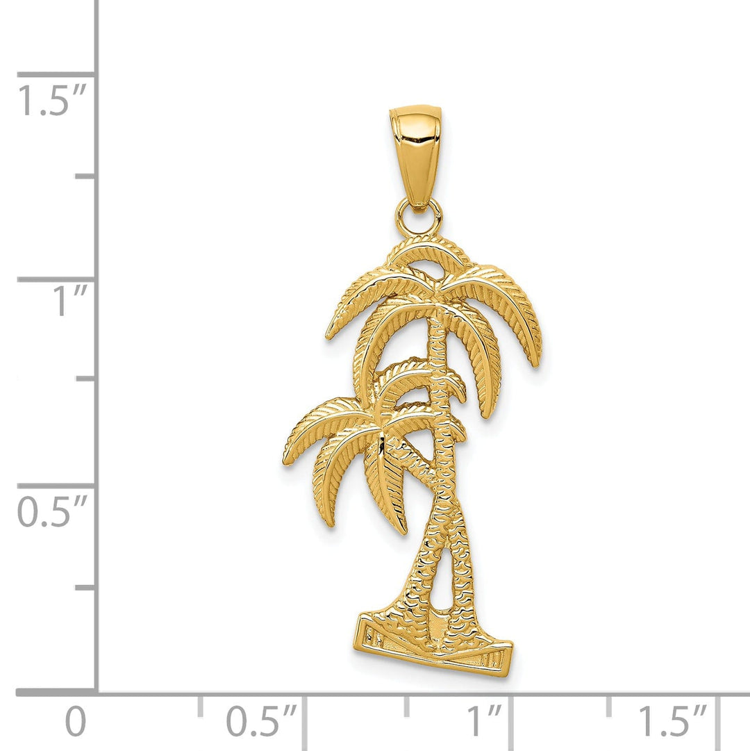14K Yellow Gold Solid Polished Textured Finish Open Back Double Palm Trees Charm Pendant