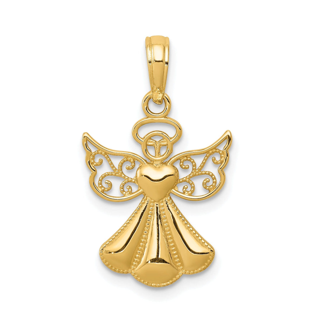 14K Yellow Gold Polished Concave Guardian Angel With Heart Pendant