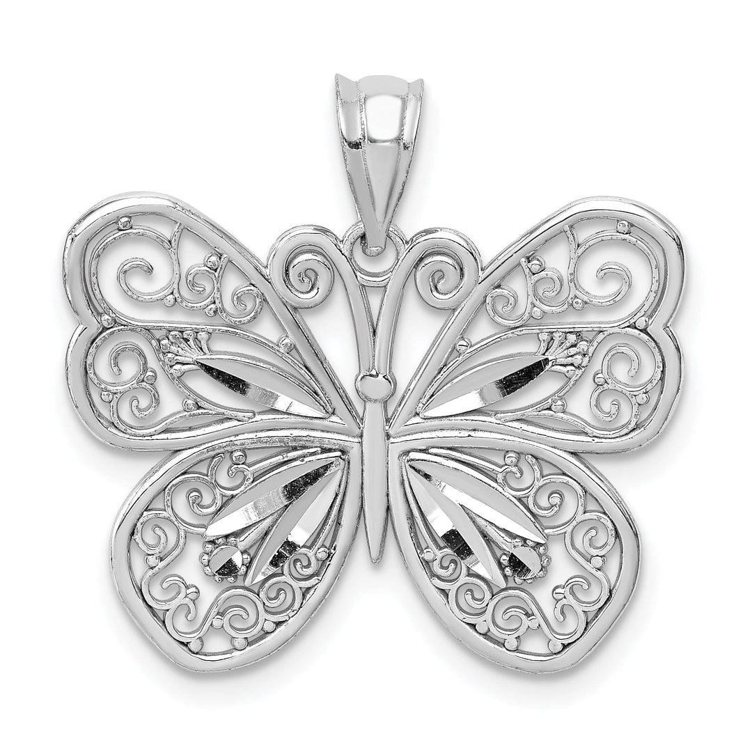 14K White Gold Casted Solid Polished Finish Diamond-cut Butterfly Charm Pendant