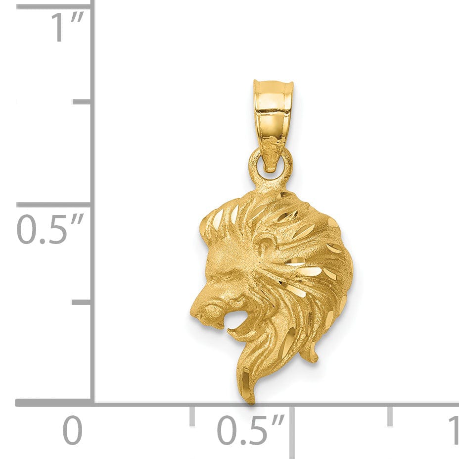 14K Yellow Gold Textured Solid Brushed Diamond Cut Finish Lion Head Design Charm Pendant