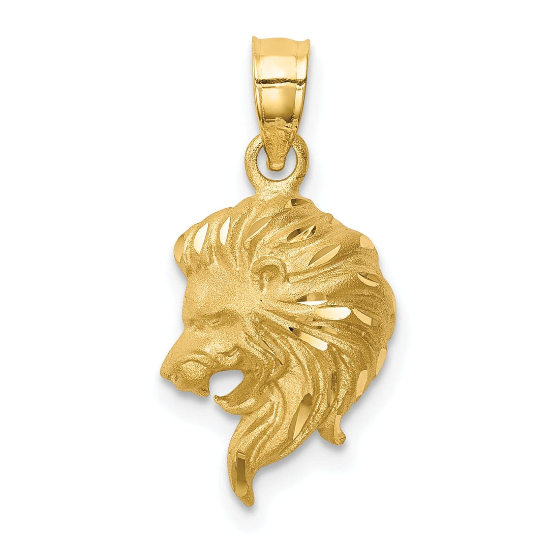 14K Yellow Gold Textured Solid Brushed Diamond Cut Finish Lion Head Design Charm Pendant