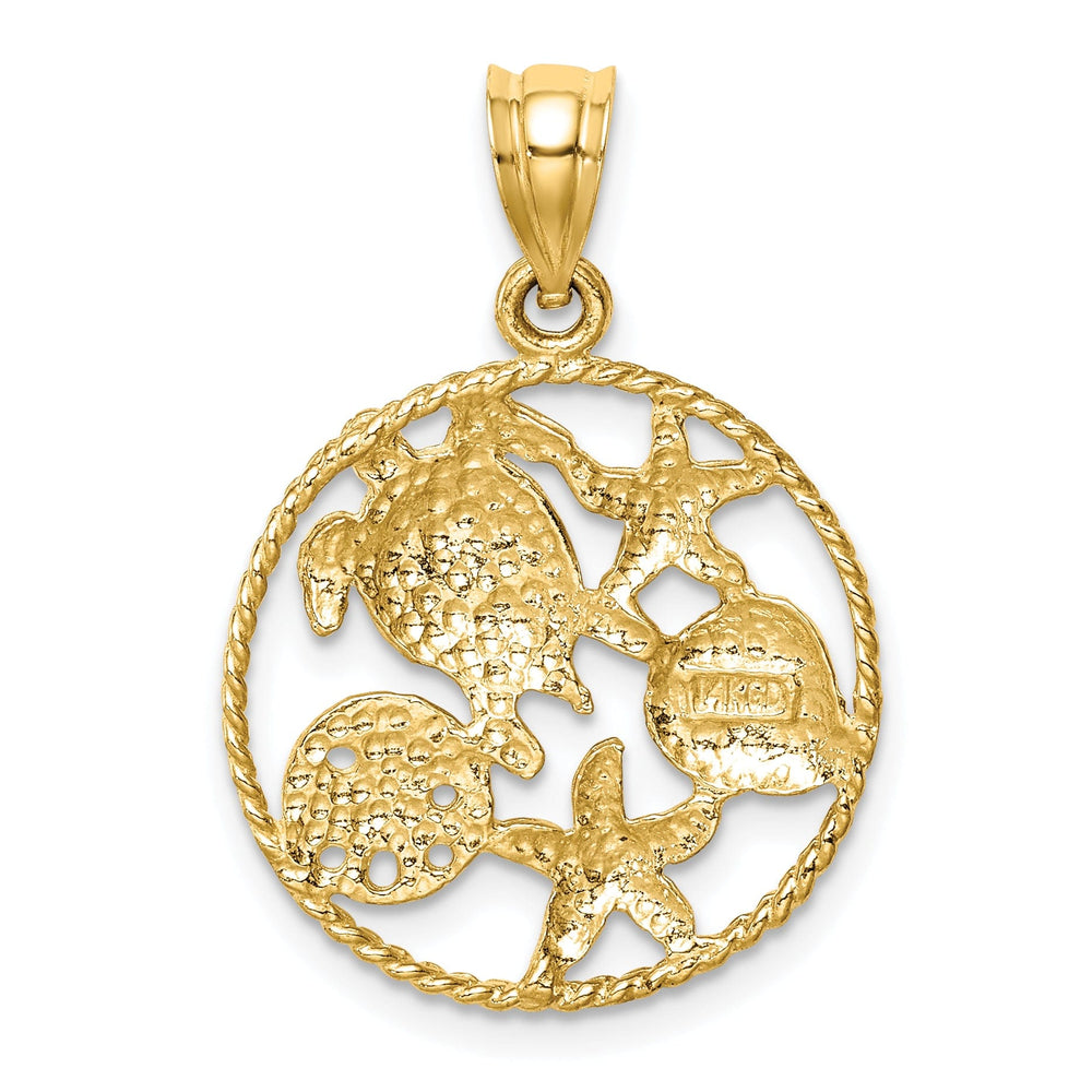 14K Yellow Gold, White Rhodium Solid Textured Polished Finish Sealife with Turtle, Starfish, Clam Design Circle Shape Charm Pendant