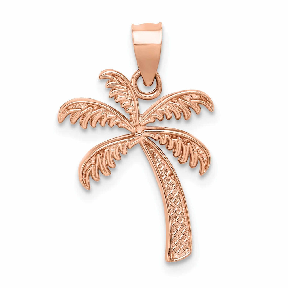 14K Rose Gold Solid Polished Textured Finish Open Back Double Palm Trees Charm Pendant