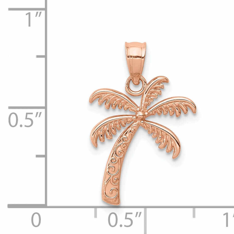 14K Rose Gold Solid Polished Textured Finish Open Back Double Palm Trees Charm Pendant