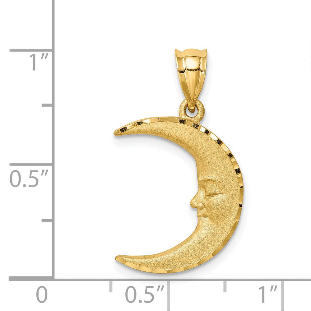 14k Yellow Gold Solid Textured Satin Diamond Cut Polished Finish Moon with Face Design Charm Pendant