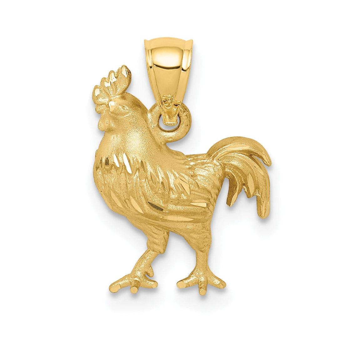 14K Yellow Gold Open Back Brushed Diamond Cut Finish Solid Rooster Charm Pendant